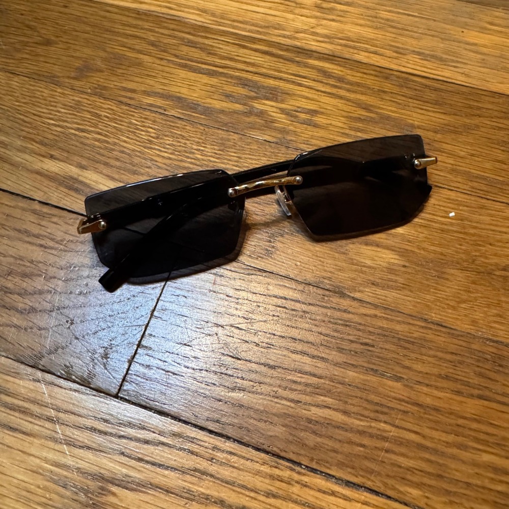Vintage Rimless Rectangle Sunglasses Black Gold Y2K Retro Tinted Lenses